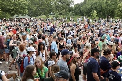 A crowd gathers in a park for a gun violence protest.