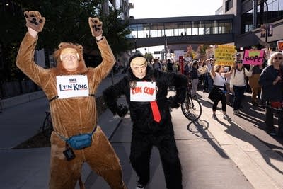 People protest in the street in costumes