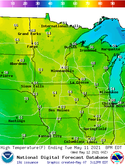 Forecast high temperatures Wednesday