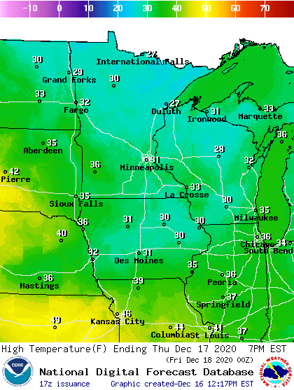 Forecast high temperatures Thursday
