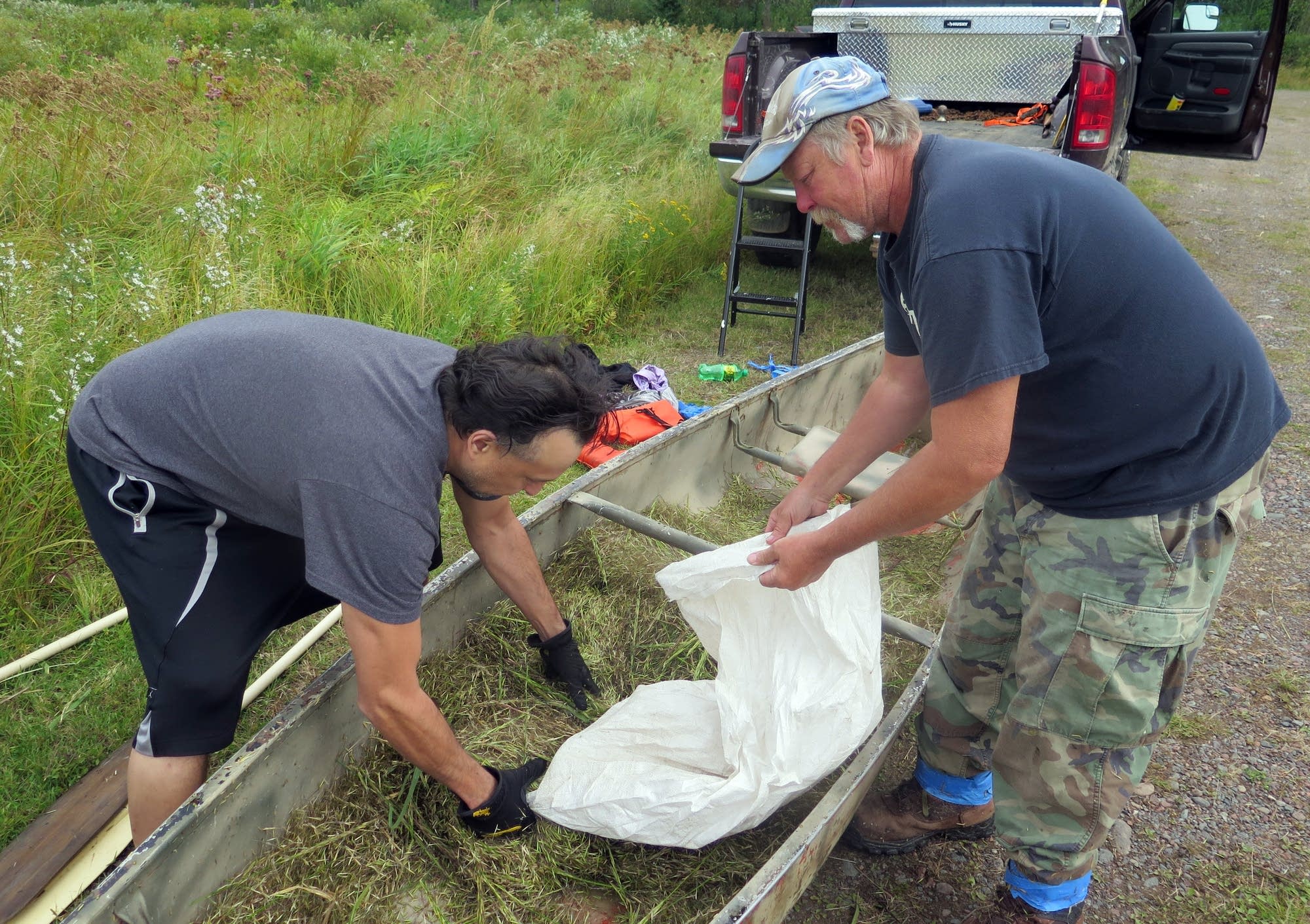 Jerrad Ojibway and Ed Jaakola bag about 80 pounds of wild rice.