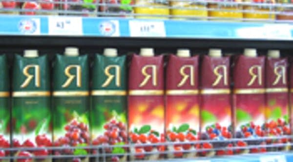 Lebedyansky juice on a store shelf.