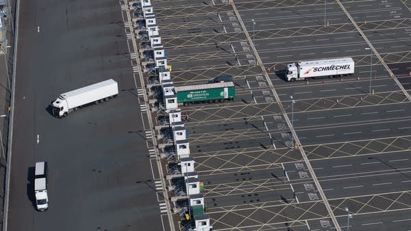 An aerial view of the Sevington Inland Border Facility and customs clearance centre in the U.K. Knock-on effects of war in the Middle East have dampened economic prospects across the eurozone.