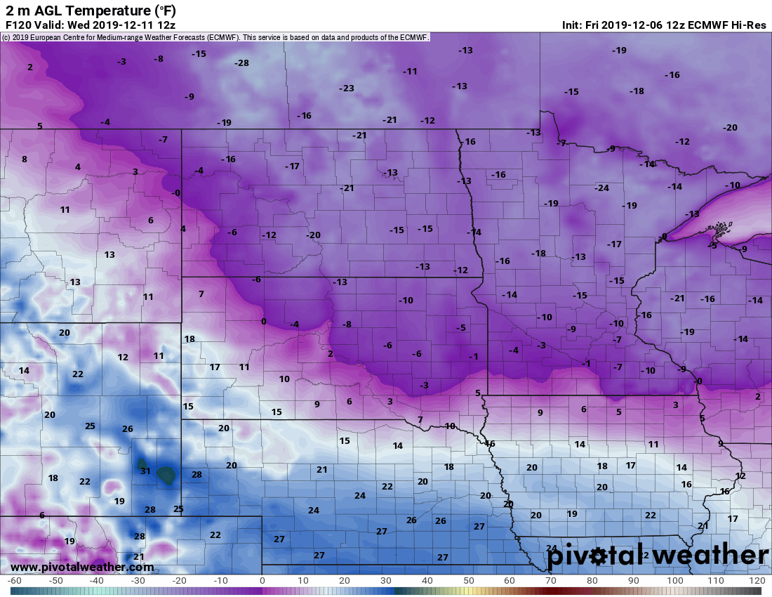 European model (ECMWF) temperature forecast 6 am Wednesday December 11