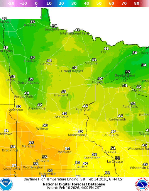 Forecast high temperatures Saturday