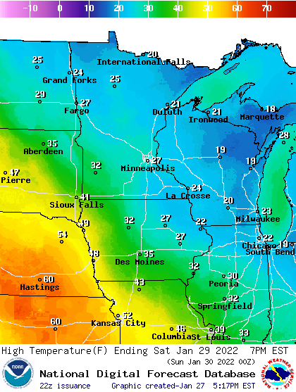 Forecast high temperatures Saturday