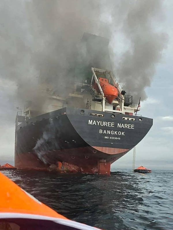 An attacked ship in the Strait of Hormuz.