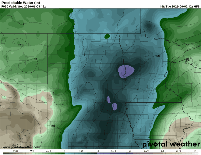 Precipitable water Wednesday 1 p.m. to Thursday 1 p.m. 