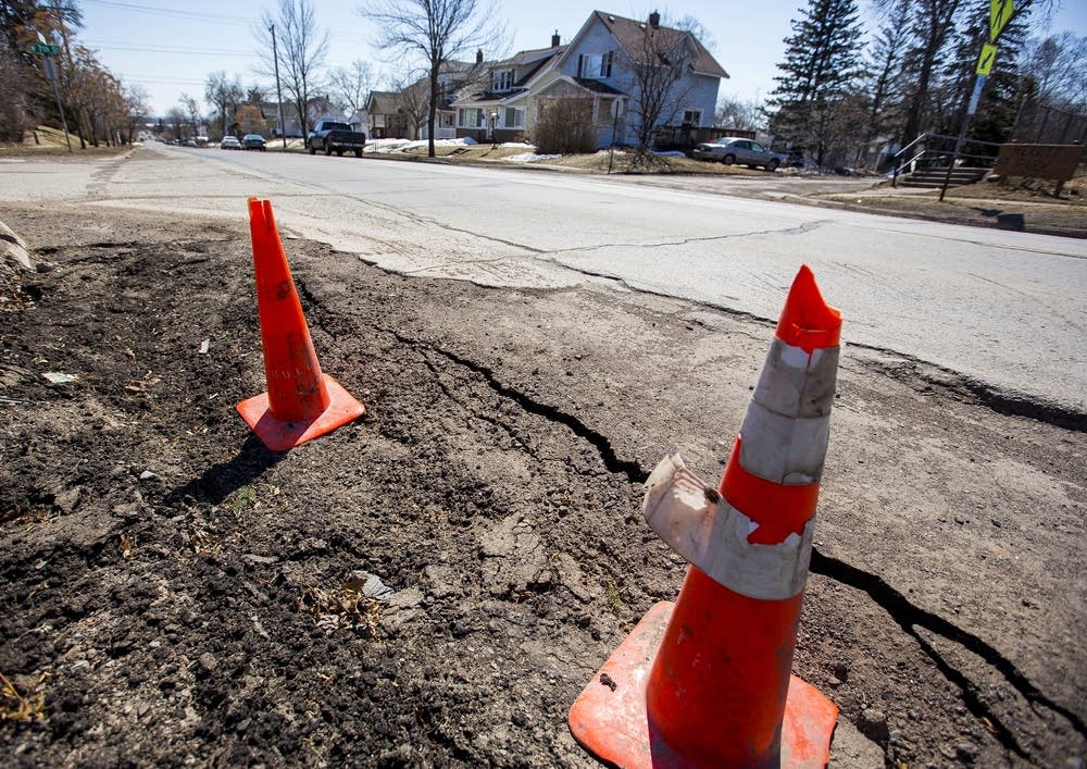 Cones mark danger spots.