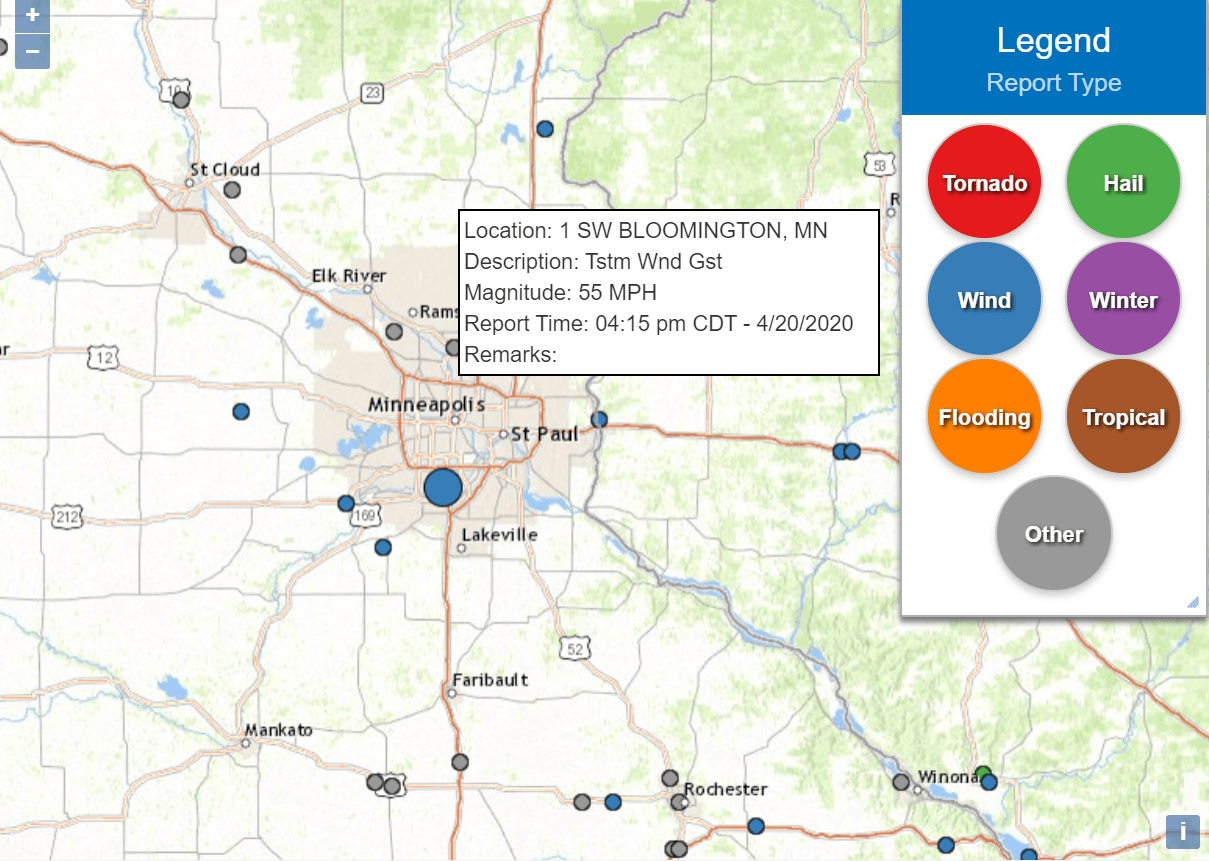 Storm reports Monday