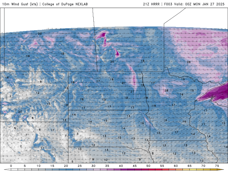 Wind speed and direction until Monday 9 a.m. 