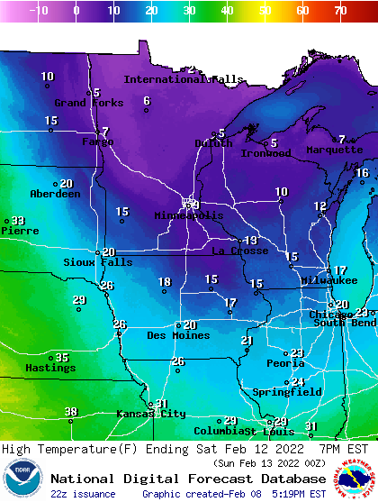 Forecast high temperatures Saturday