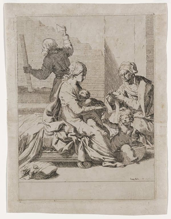 An etching from the 17th century on grey paper.