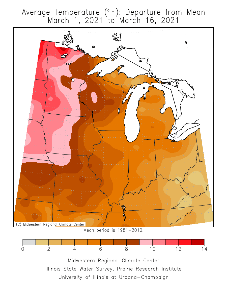 Temperature departure from average this month 