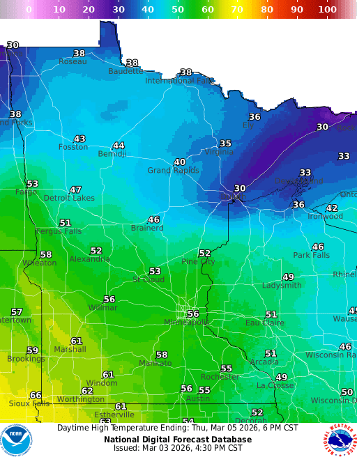 Forecast high temperatures Thursday