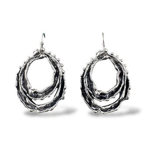 Silver earrings on a white background.