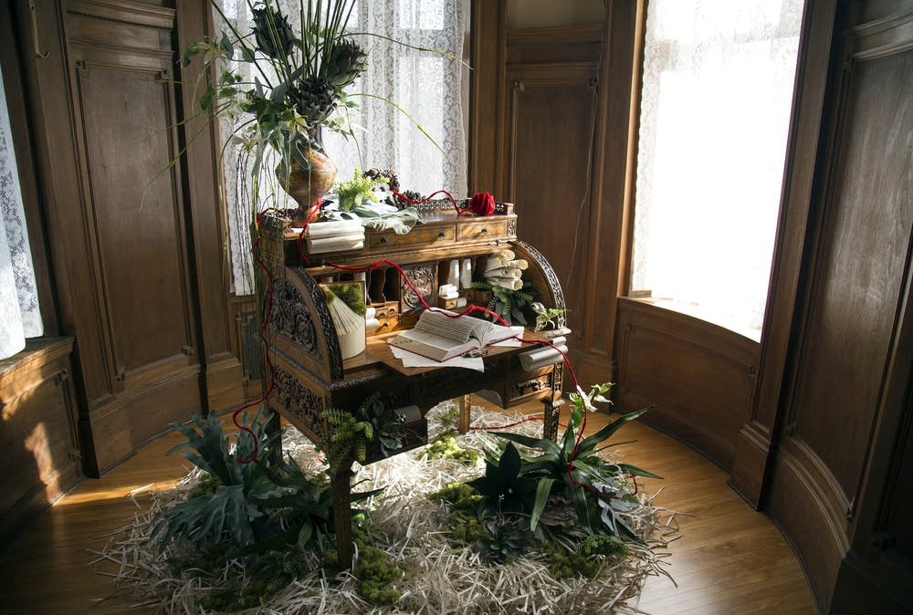 Desk, floral arrangement inspired by Alice Munro.