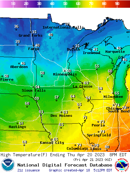 Forecast high temperatures Thursday