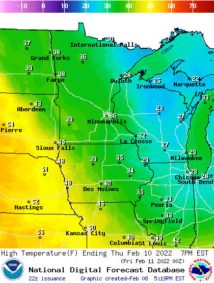 Forecast high temperatures Thursday