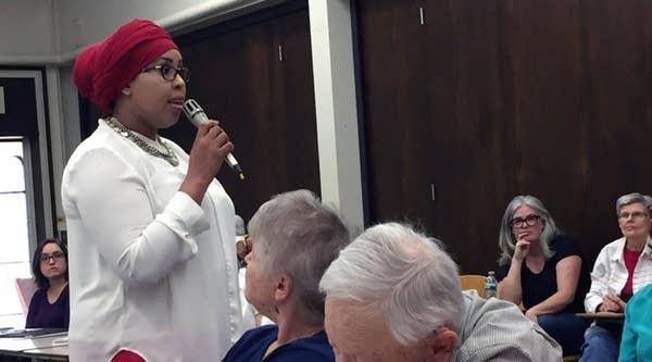 Somali-born author, college instructor and business consultant Hudda Ibrahim addresses a class on "Somali Lives and Culture" at the College of Saint Benedict, near St. Cloud, Minnesota.