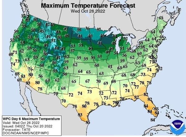 Forecast high temperatures for Wednesday