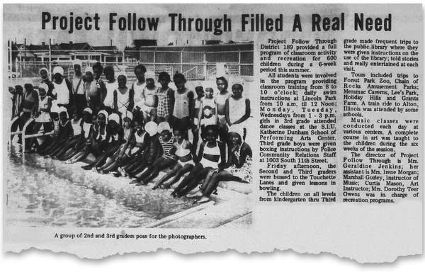 A clipping from a newspaper in which many children are seated on the edge of a swimming pool.