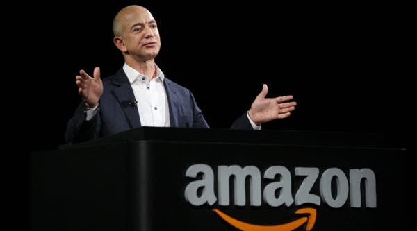 Amazon CEO Jeff Bezos at a press conference in Santa Monica, California.