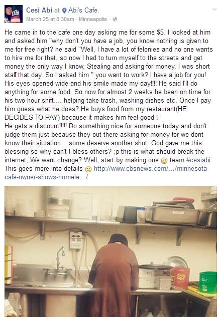 Mpls. cafe owner hires man who wanted a handout