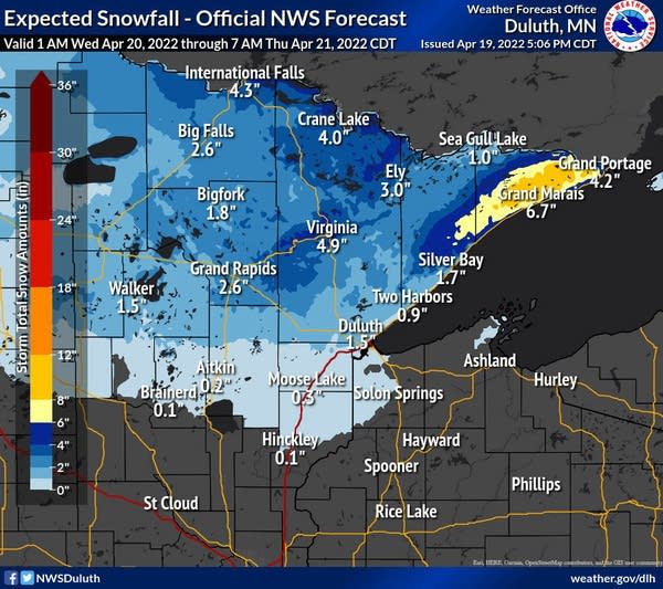 Snowfall projection for northeast Minnesota Wednesday