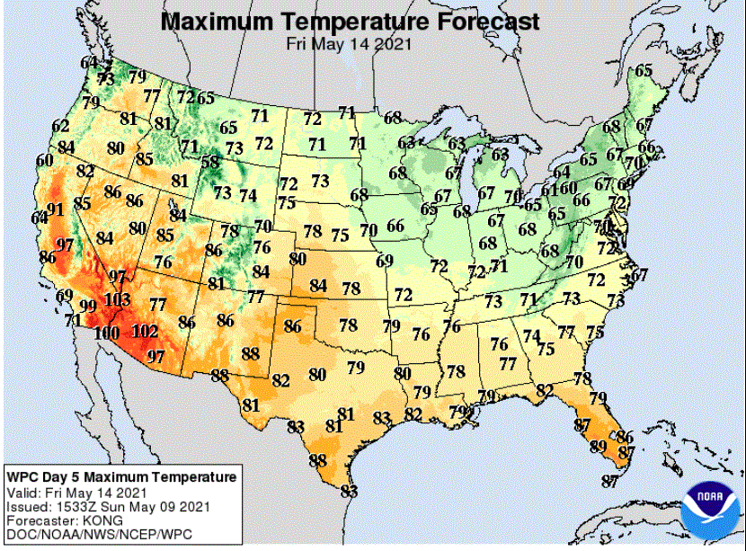 Forecast high temperatures for Friday