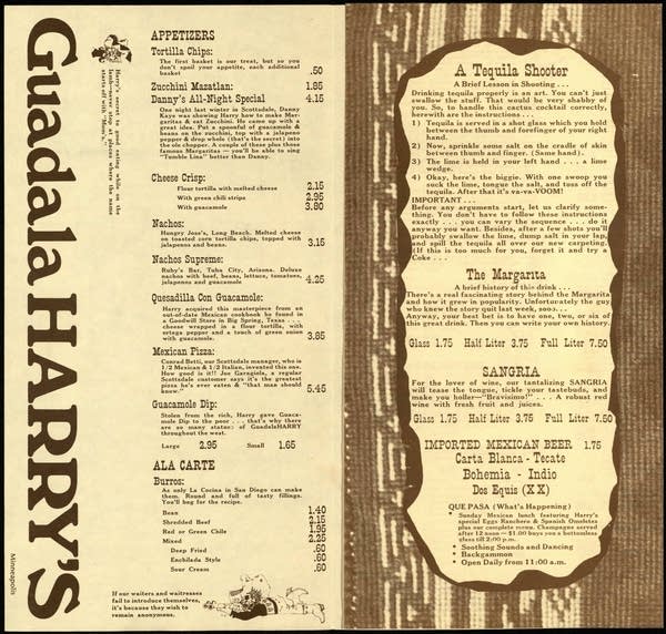 Tri-fold menu printed on off-white paper with brown lettering, listing Mexican cuisine