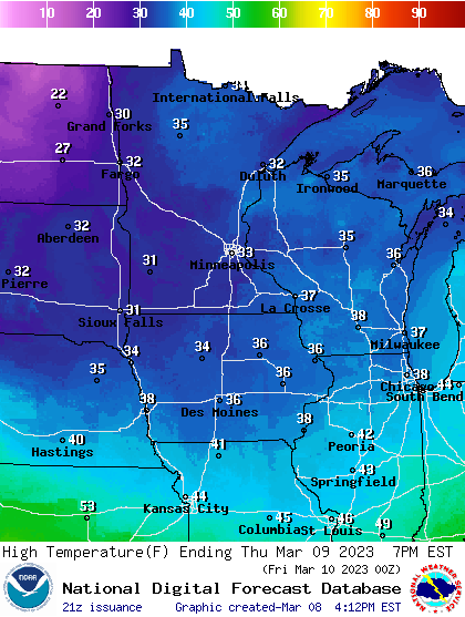 Forecast high temperatures Thursday