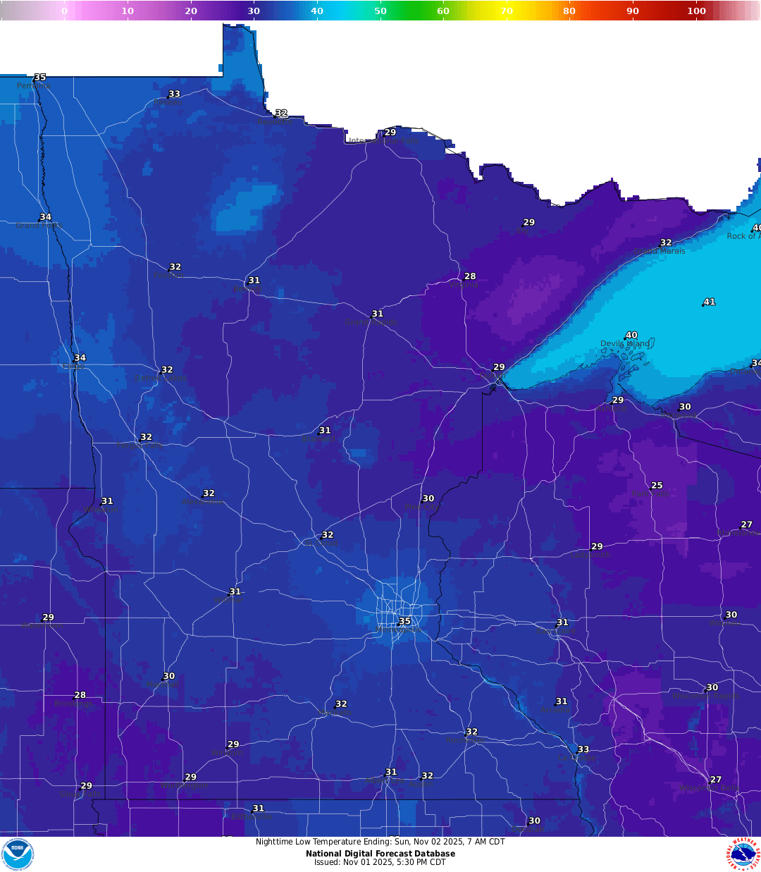 Lows for Saturday night