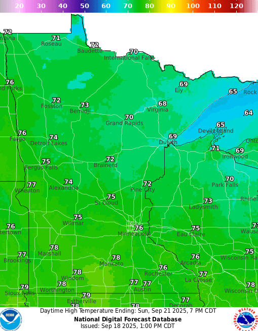 Forecast high temperatures Sunday
