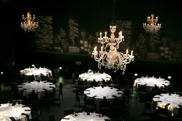 Chandeliers hang over the Pohlad lobby