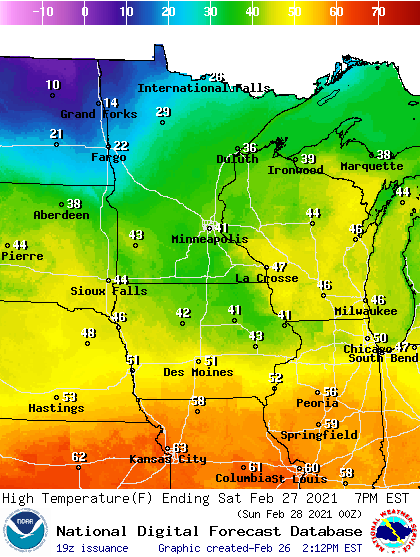Forecast high temperatures Saturday