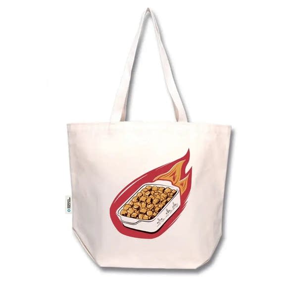 tote bag with hot dish surrounded by flames