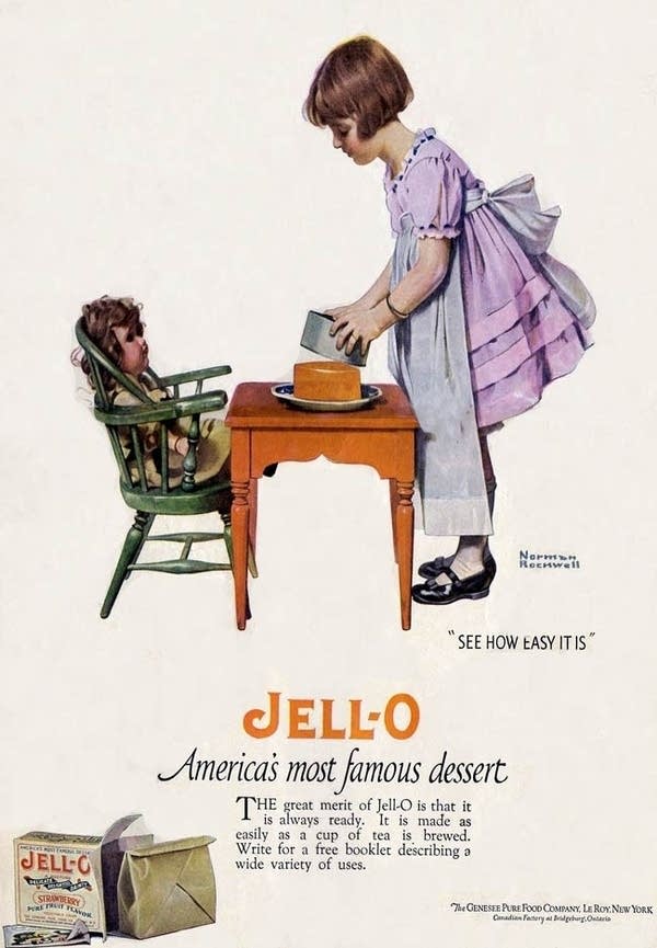 A little girl shows her orange Jell-O to a doll in a Norman Rockwell-illustrated advertisement..