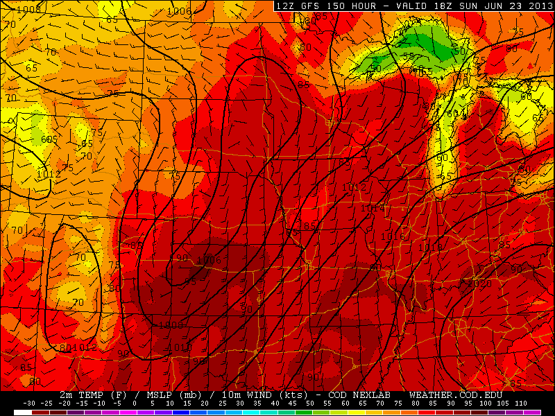 GFS temperatues 1pm Sunday