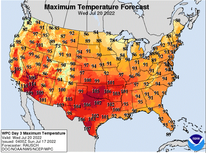 Forecast high temperatures for Wednesday