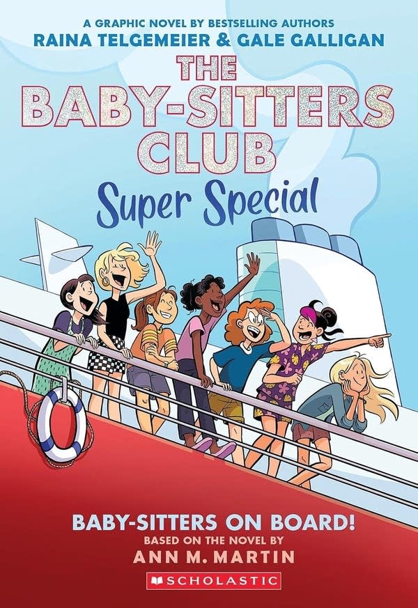 A book cover for "The Baby-Sitters Club: Super Special" shows a cartoon illustration of girls on the deck of a cruise ship.