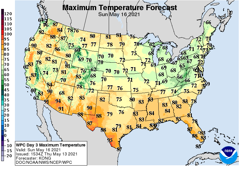Forecast high temperatures Sunday
