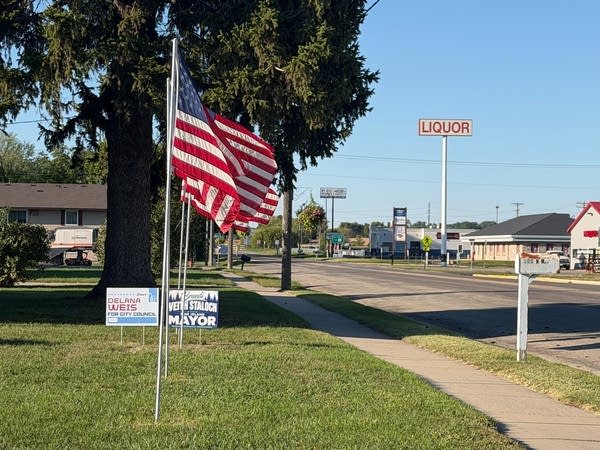 A flag flies over some yard signs.
