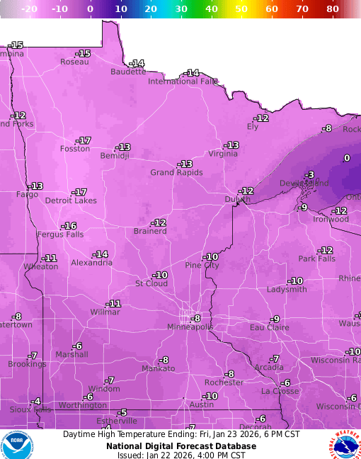 Forecast high temperatures Friday