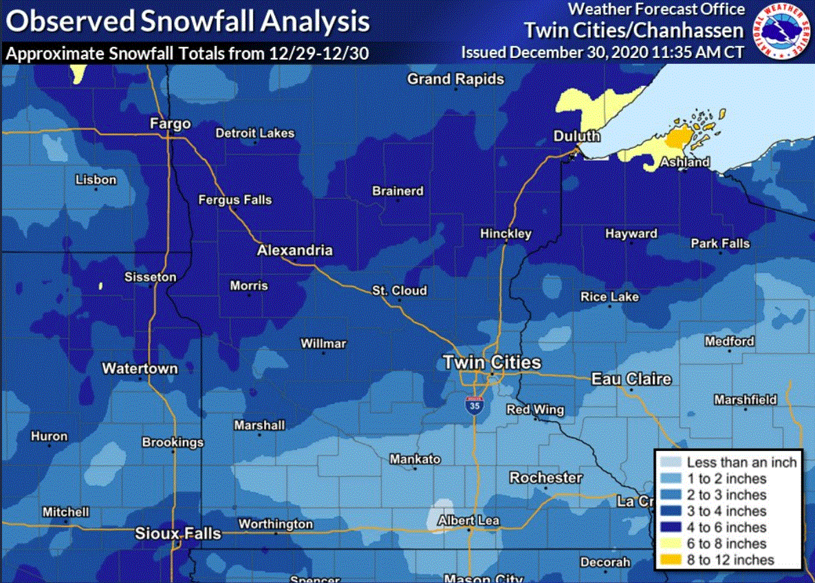 Snowfall totals for Tuesday into early Wednesday