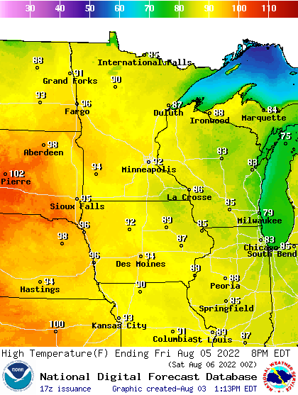 Forecast high temperatures Friday