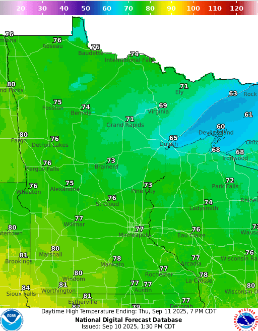Forecast high temperatures Thursday