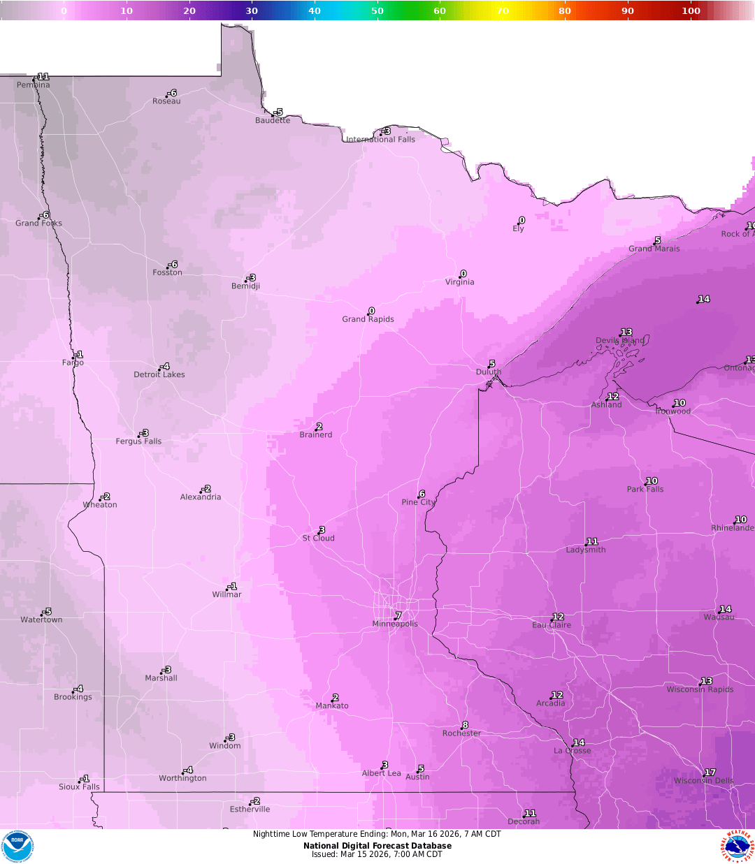 Lows for Sunday night