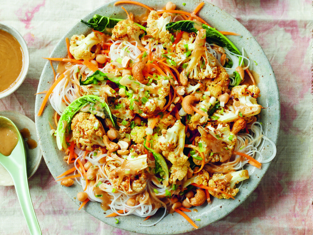 Miso-Roasted Cauliflower
with Chickpea, Carrot
and Noodle Salad