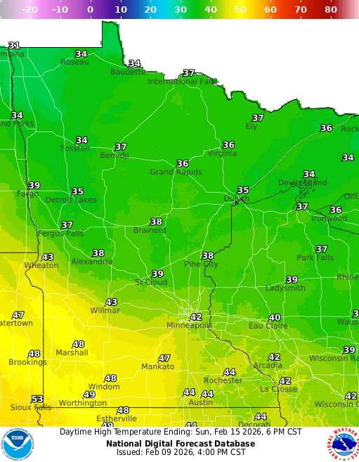 Forecast high temperatures Sunday